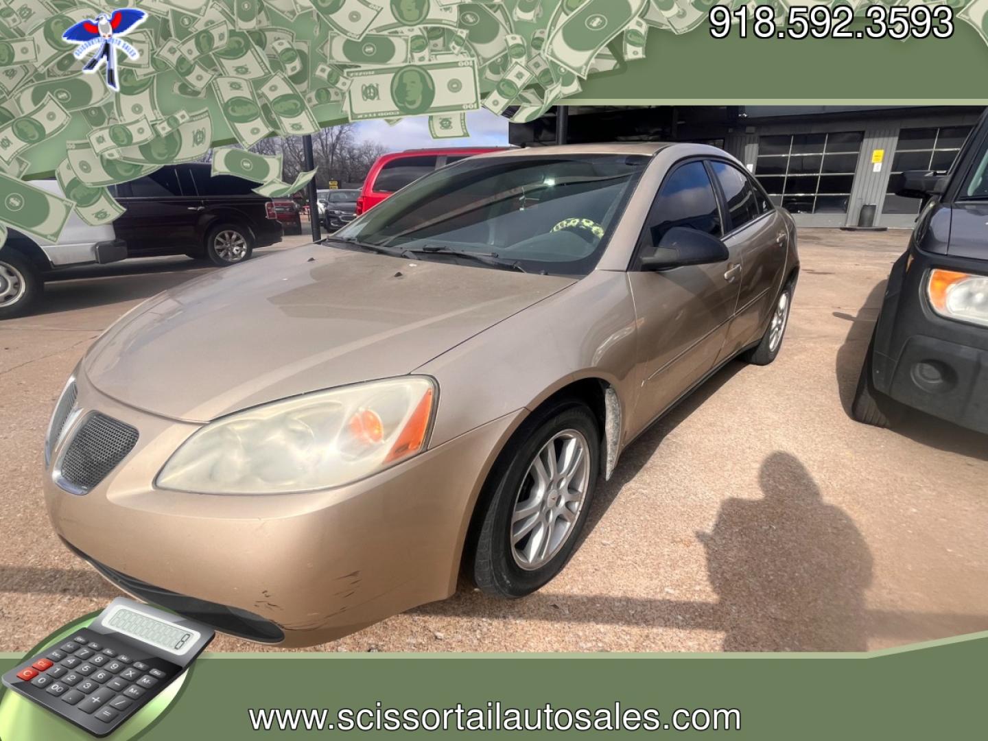 2006 GOLD CASH PONTIAC G6 V6 Sedan (1G2ZG558X64) with an 3.5L V6 OHV 12V engine, 4-Speed Automatic Overdrive transmission, located at 8101 E. Skelly Dr., Tulsa, OK, 74129, (918) 592-3593, 36.121891, -95.888802 - Photo#0